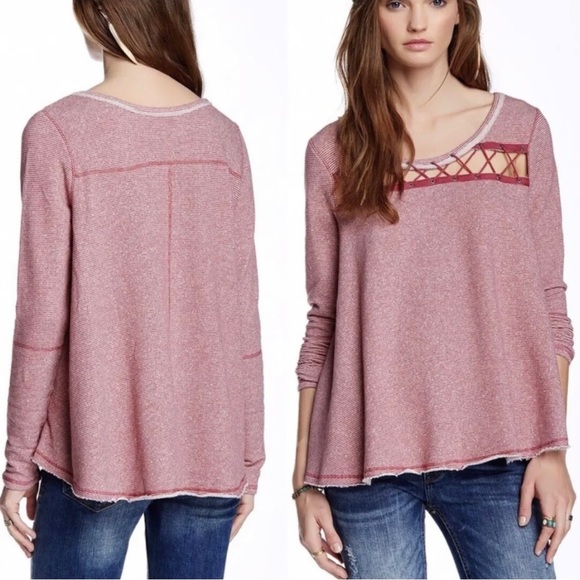 Free People Criss Cross Magenta Pink Striped Pullover Long Sleeve Sweatshirt Top - Picture 5 of 9